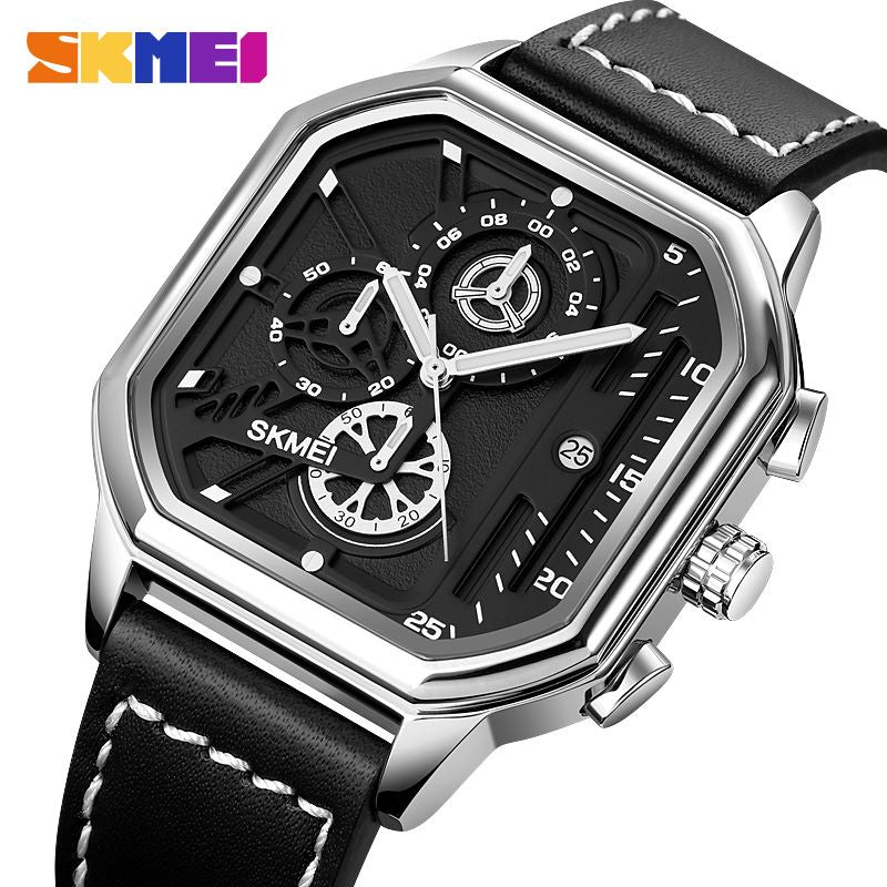 SKMEI 1963 Men’s Quartz Chronograph Leather Belt Watch- Silver