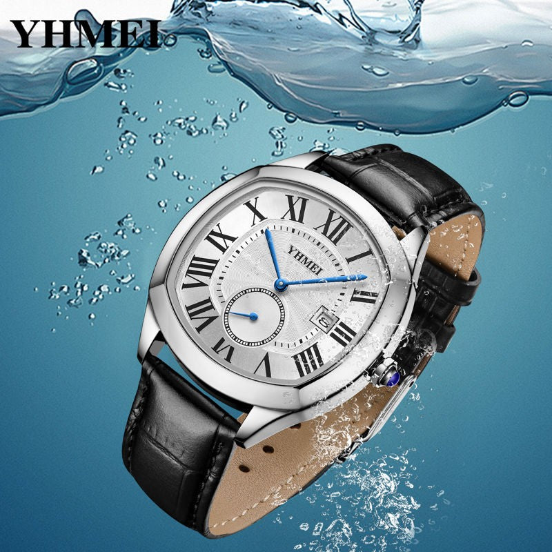 YHMEI 8240 Trendy style Leather Straps quartz Movement Wrist Men watch- Black White