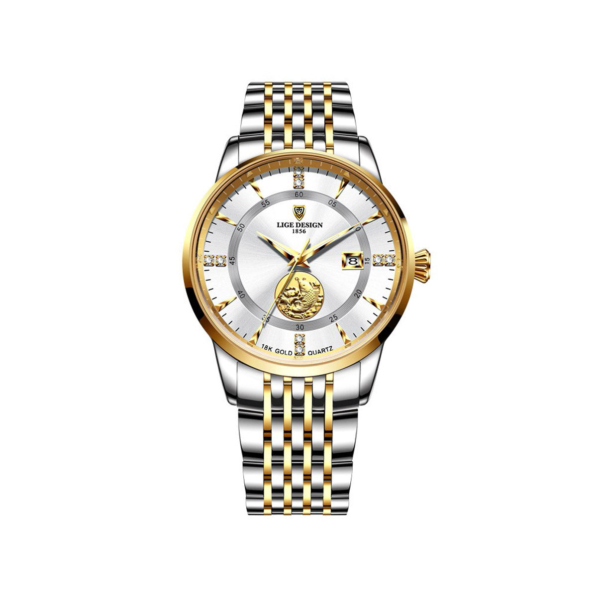 LIGE 10050 Luminous Premium Stainless Steel Quartz Men's Watch - Silver Gold & White