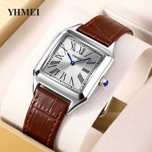 YHMEI 8217 Classic Luxury Square Dial Fashionable leather straps Business Wrist watch for Women- Brown