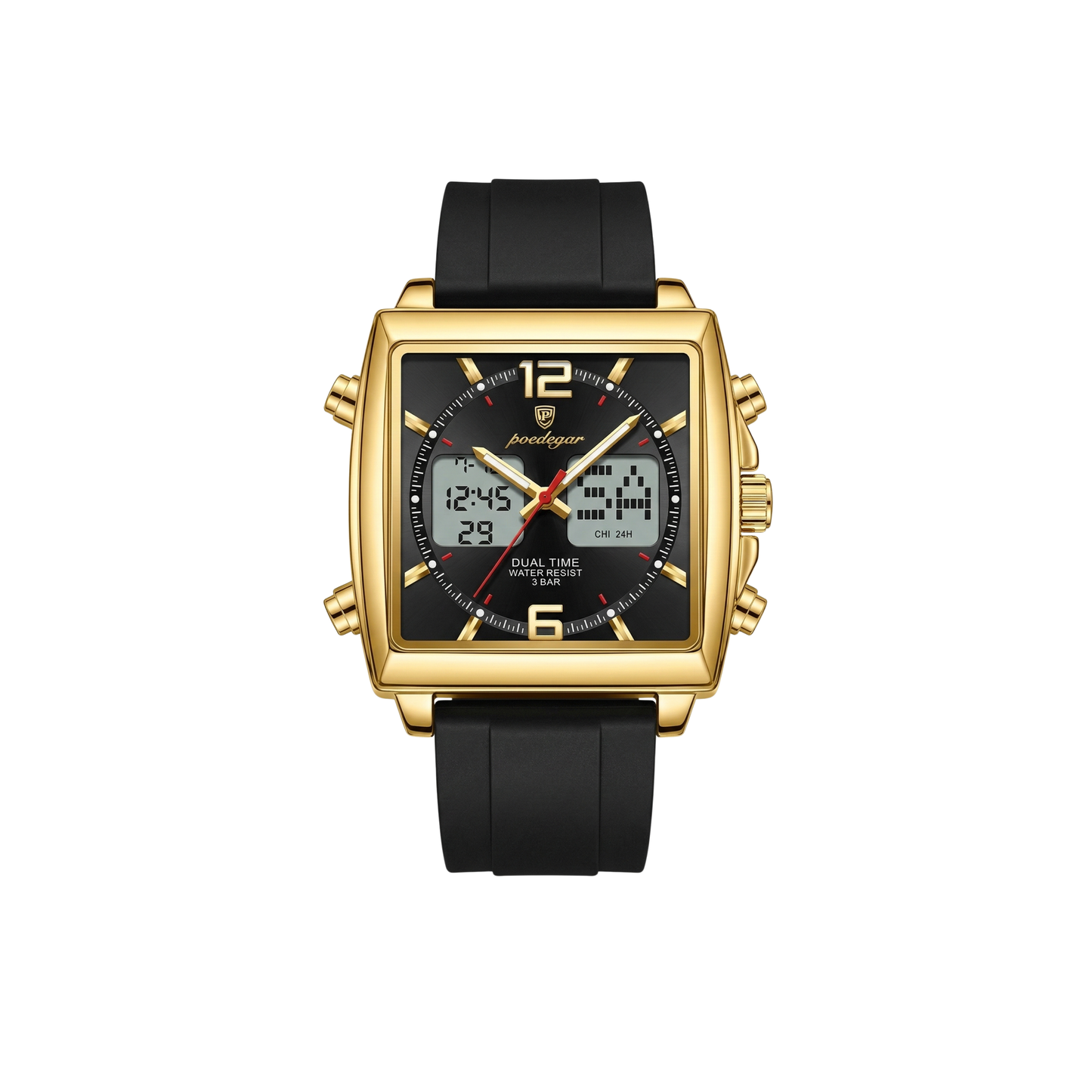 Poedagar E109 Waterproof Luminous Multifunctional Chronograph Alarm Silicone Strap Gold Frame Black Dial Men