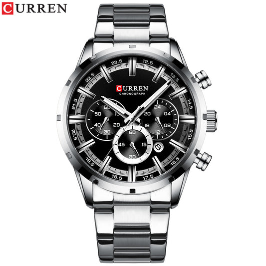 CURREN 8355 Multi-function Steel Strap Watch for Men - Silver & Black
