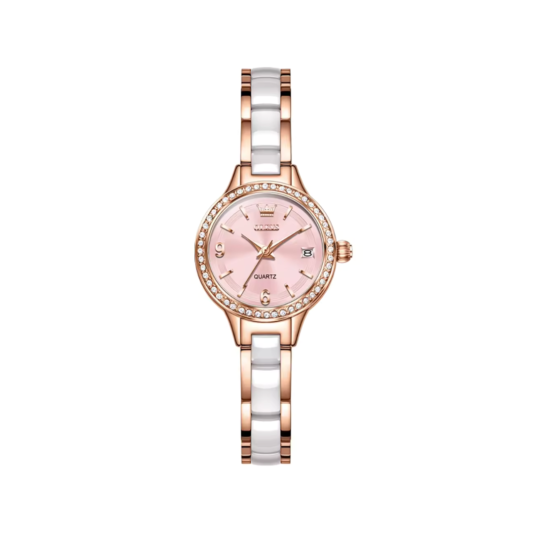 OLEVS 7093 Ladies Rose gold Quartz Watch CERAMIC Strap- Pink Dial