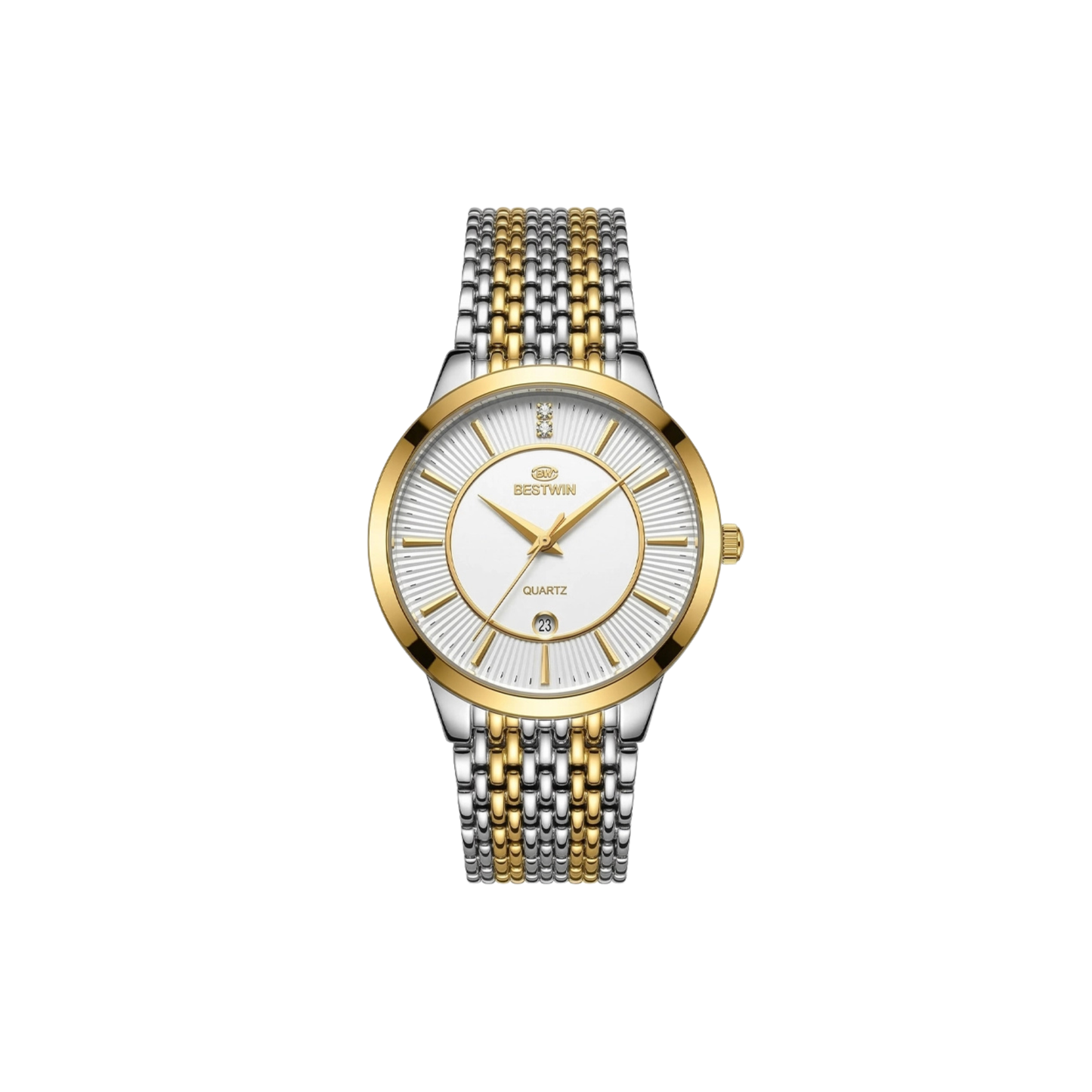 Bestwin 217M Classic Mesh Steel Quartz Men's Dual Tone Watch- White Dial