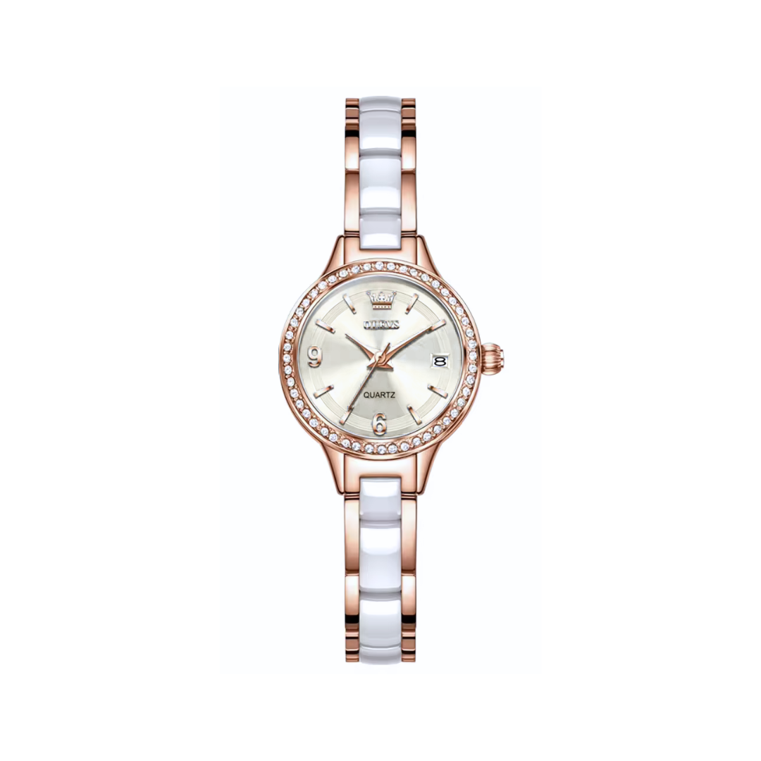OLEVS 7093 Ladies Rose gold Quartz Watch CERAMIC Strap- White Dial