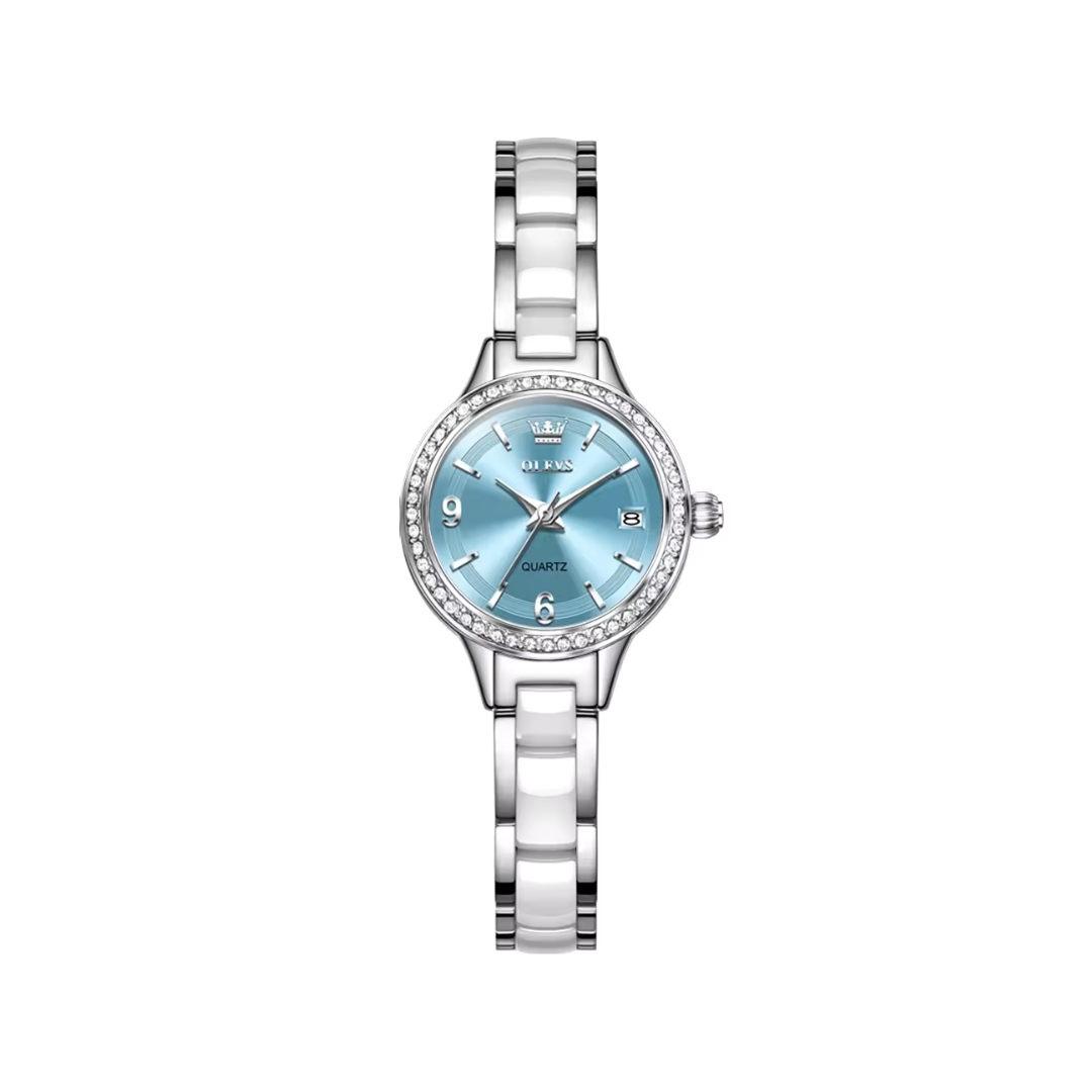 OLEVS 7093 Ladies Silver Quartz Watch CERAMIC Strap- Blue Dial