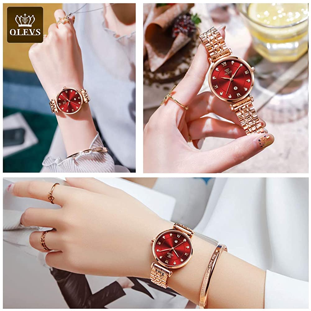 OLEVS 5866 Luxury Fashion Quartz watch for women- Rose Gold & Red
