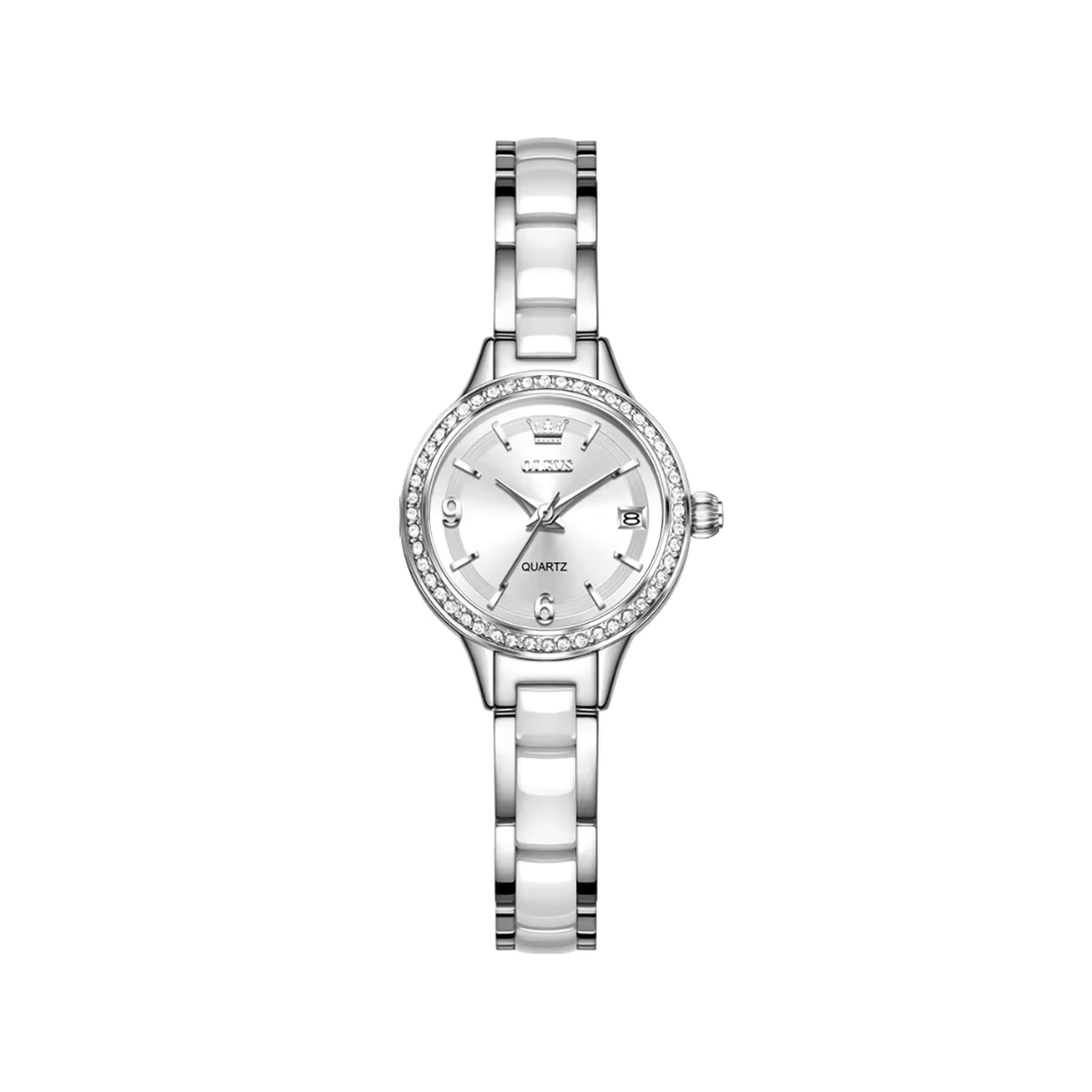 OLEVS 7093 Ladies Silver Quartz Watch CERAMIC Strap- White Dial