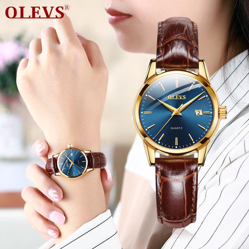 Olevs 6898 Luxury Brand Luminous Fashion Quartz Belt Watch For Ladies- Brown & Blue