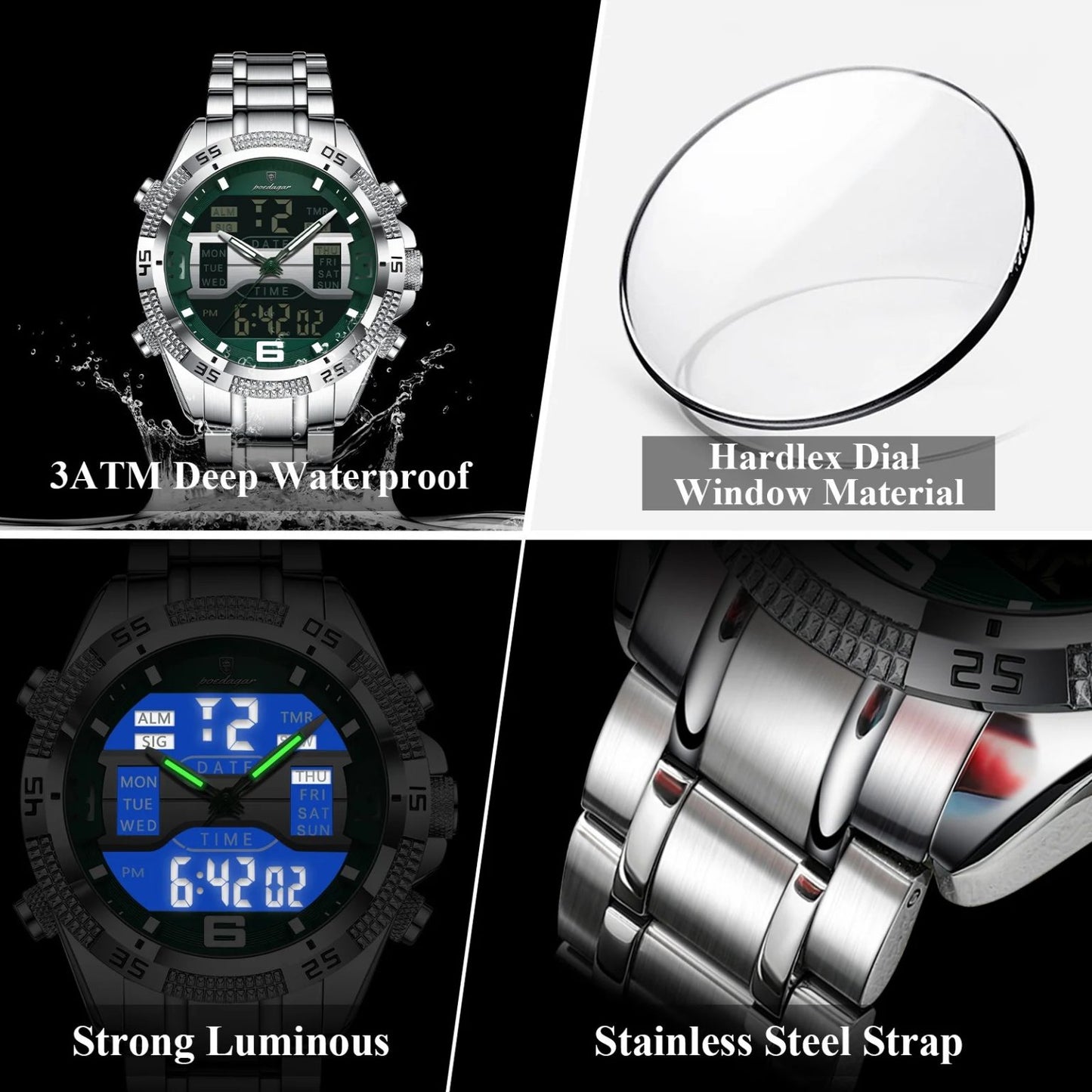 POEDAGAR 103 Luxury Sports Dual Time Men’s Watches-Silver Green