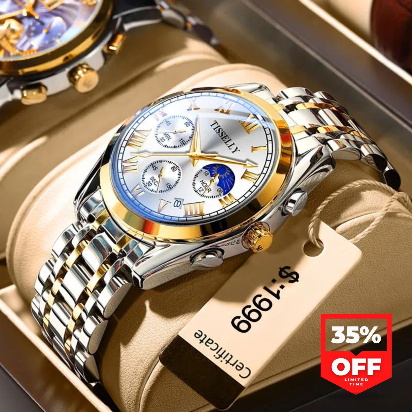 Tisselly 6601 Exclusive Stainless Steel Strap Chronograph Watch for Men - Silver Gold