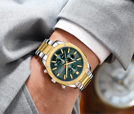 CURREN 8490 Chronograph Stainless Steel Men’s Watch-Gold Green