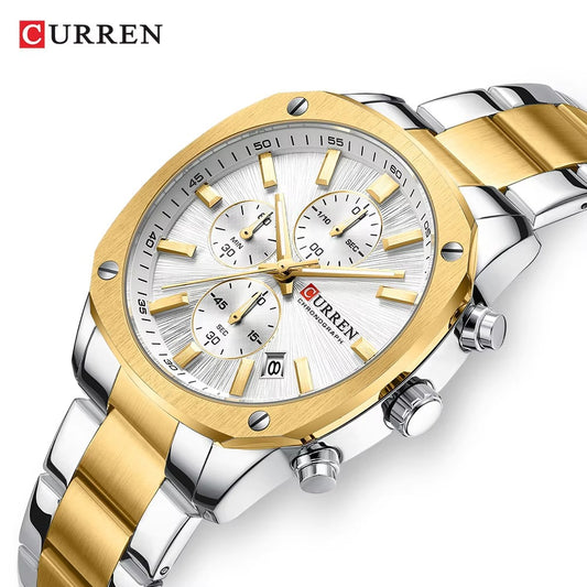CURREN 8490 Chronograph Stainless Steel Men’s Watch-Gold White