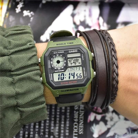 CASIO AE-1200WHB-3BV Military-Style Digital Watch with Green Nylon Strap