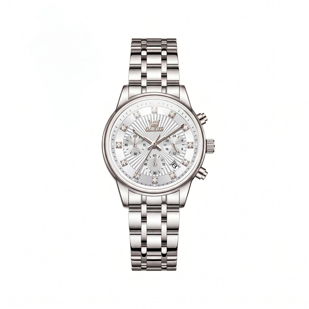 OLEVS 3669 Luxury Fashion Chronograph Ladies Watch- Silver White