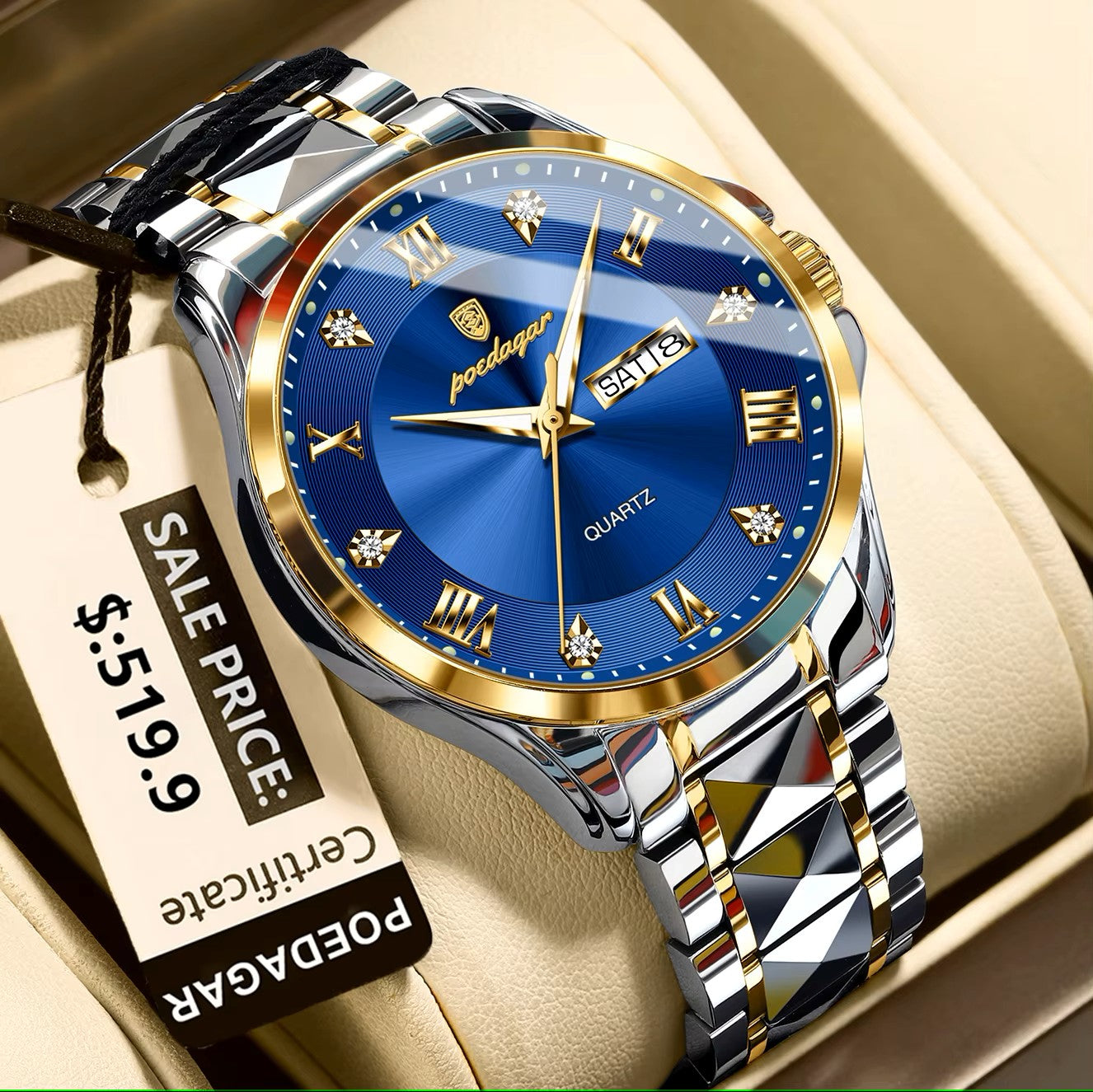 POEDAGAR 883 Stainless Steel Belt Fashion Luminous Quartz Men's Watches- Silver Gold & Blue