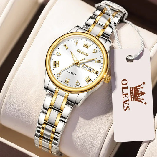 OLEVS 5563 Luxury Fashion round Ladies Quartz Watch - Silver & Gold