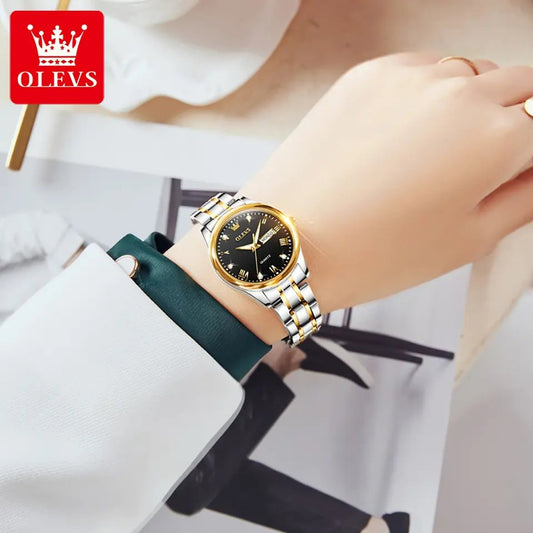 OLEVS 5563 Luxury Fashion round Ladies Quartz Watch - Silver & Black