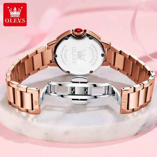 Olevs 5518 Luxury Fashion Quartz Wrist Watch for women- Rose Gold & White