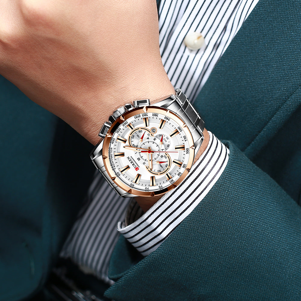 CURREN 8363 Chronograph Watch for Men - Silver Rose Gold & White