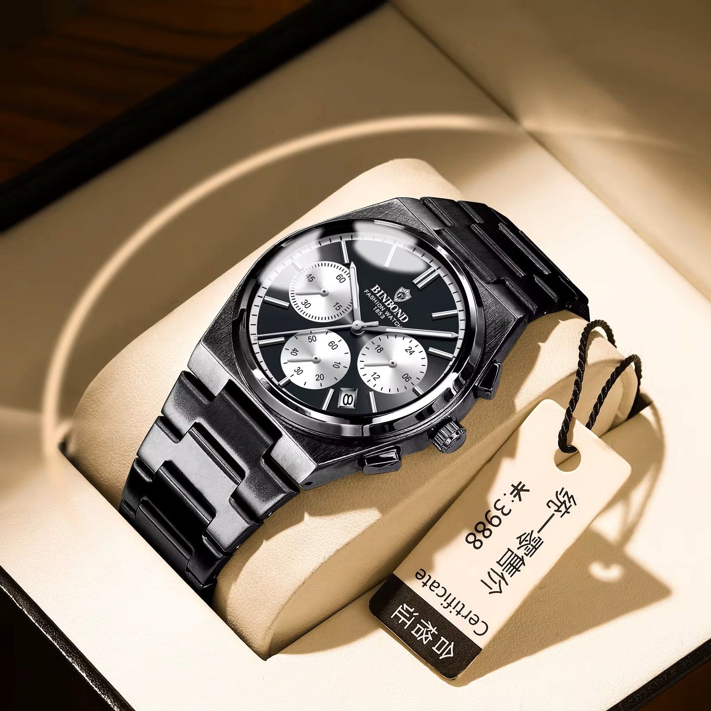 BINBOND 203 Stainless Steel Multifunctional Chronograph Business Wristwatch- Black Silver