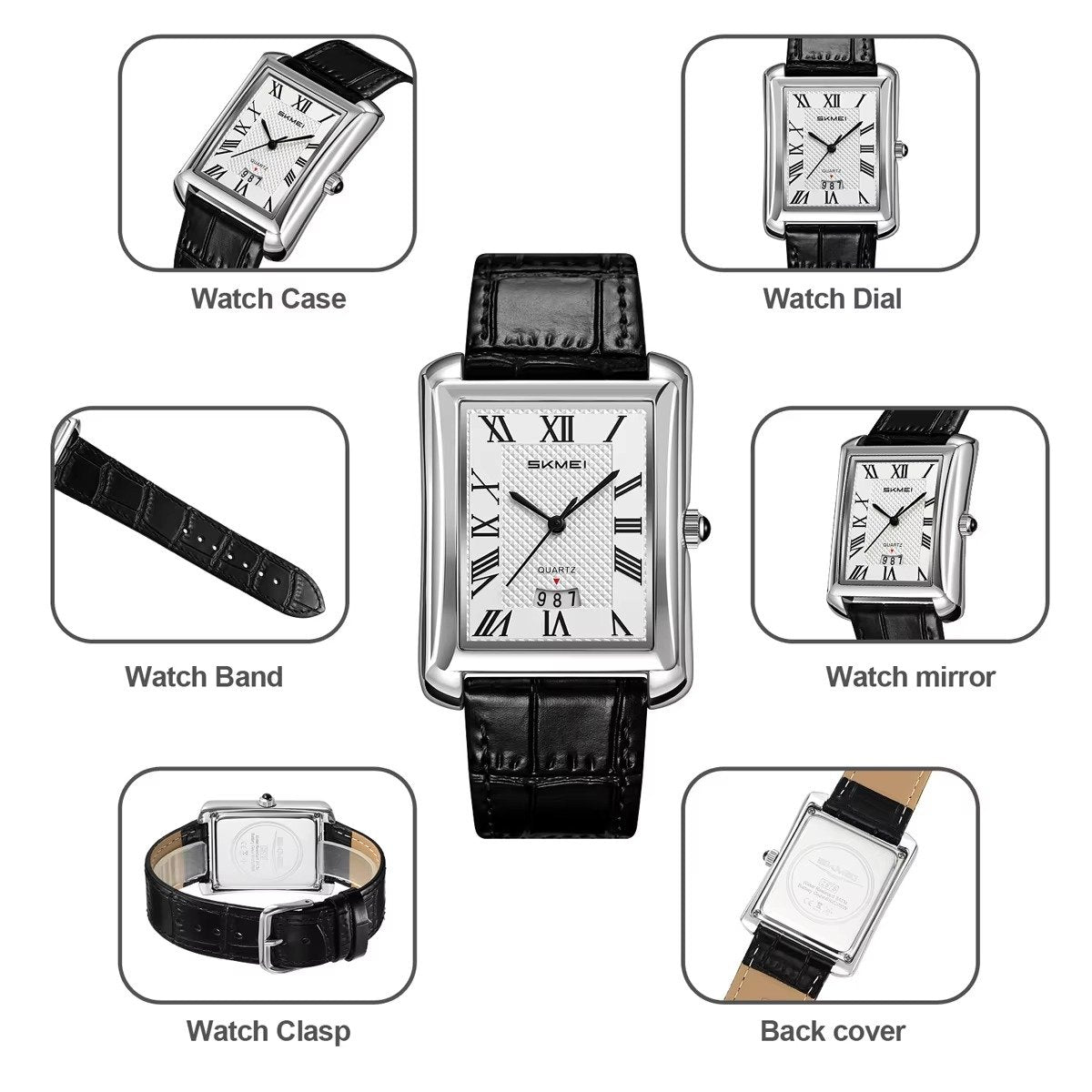 SKMEI 2575 Stainless Steel Luxury Quartz Movement Men’s Business Fashion Roman Numeral Square Case Leather Strap- Black Silver