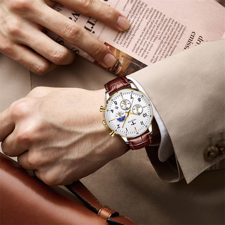 TRSOYE 668 Casual Man Watch Day Sun & Night Moon 24 Hours Display Wristwatches – Brown Silver