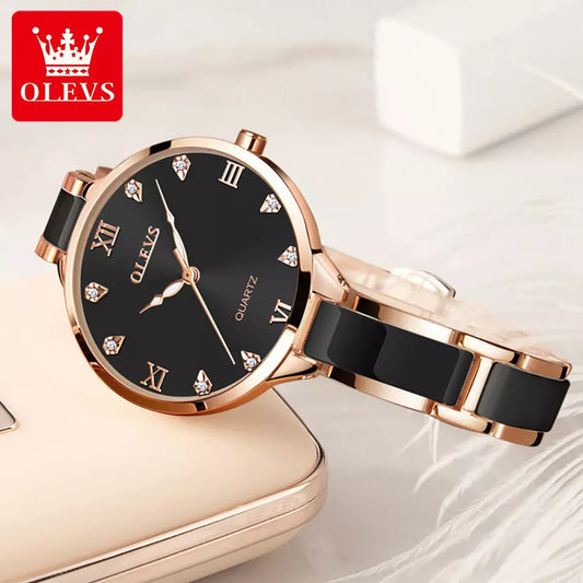 OLEVS 5872 Ceramic Quartz Women Watches- Black