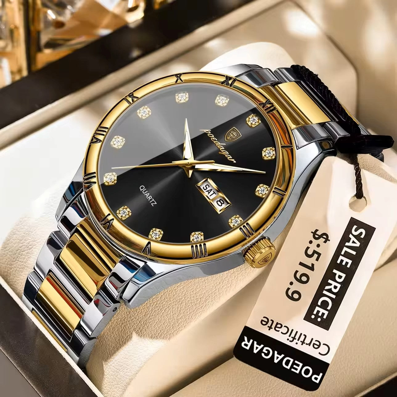 POEDAGAR 878 Luminous Man Wristwatch Top Luxury Date Week Quartz Stainless Steel Men's Watches- Silver Gold & Black