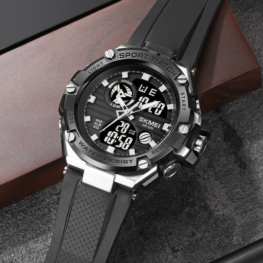 SKMEI 2119 Dual Time Alarm 5Bar Waterproof multi-functional Sports watch- Black silver
