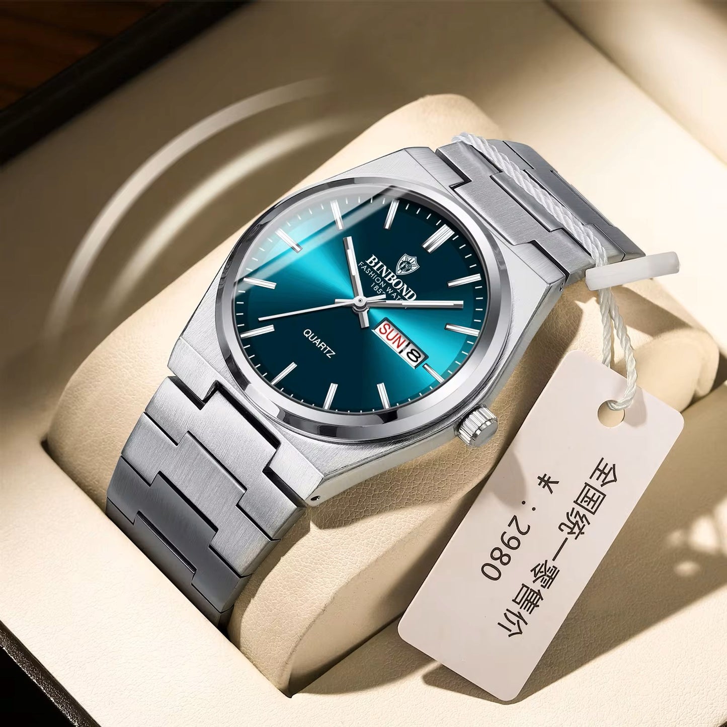 BINBOND 102 Stainless Steel Luxury Quartz Watch For Men- Silver Blue