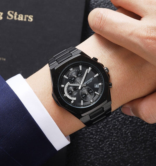 SKMEI 2452 Luxury Active Chronograph Luminous Stainless Steel Men’s Quartz Watch- Black