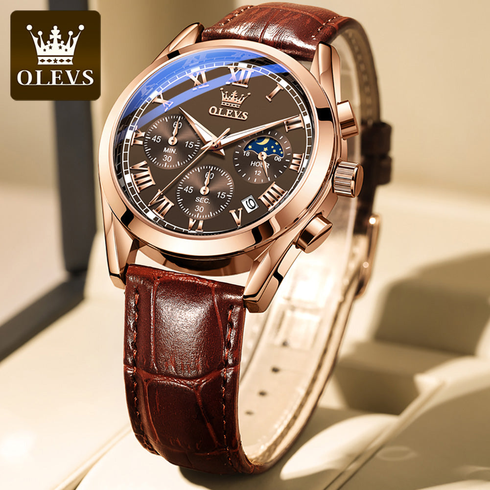 Olevs 2871 Leather Strap Fashion Business Quartz Wristwatch for Men- Brown