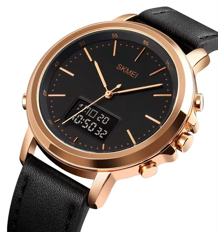 Skmei 1652 Men’s Dual Time Belt Watch for men - Black & Rose Gold