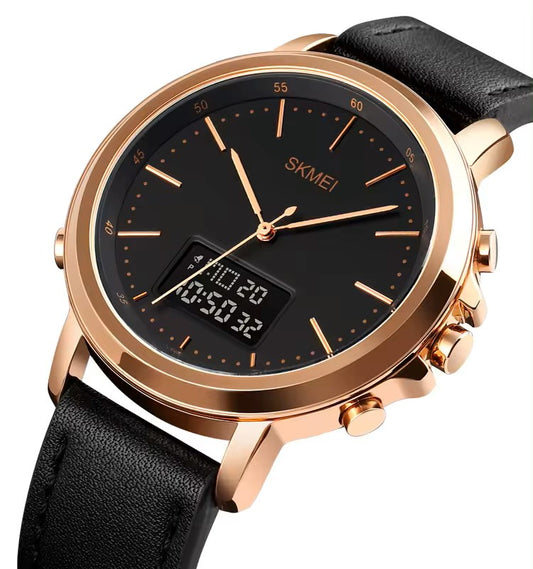 Skmei 1652 Men’s Dual Time Belt Watch for men - Black & Rose Gold