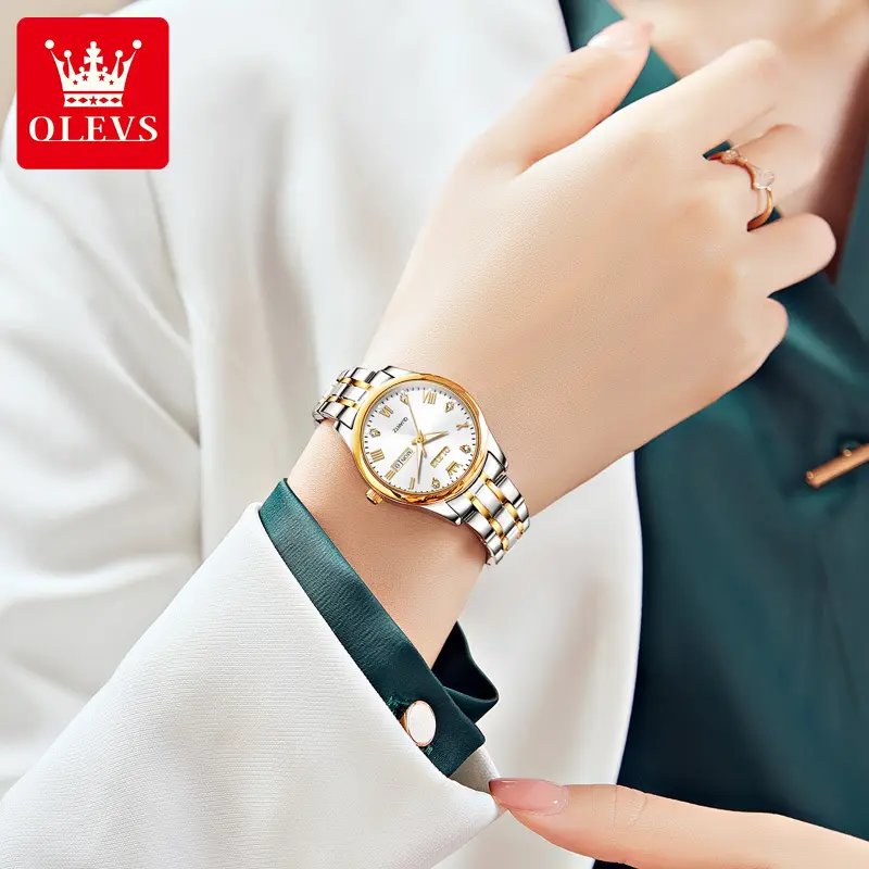 OLEVS 5563 Luxury Fashion round Ladies Quartz Watch - Silver & Gold