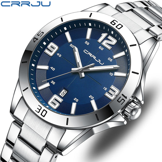CRRJU 5003 Luxury Design Stainless Steel Watches Men's Quartz Luminous Clock- Silver Blue