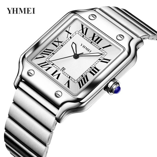 YHMEI 8239 Classic Square Rectangle Quartz Movement Wristwatch for Men’s- Silver