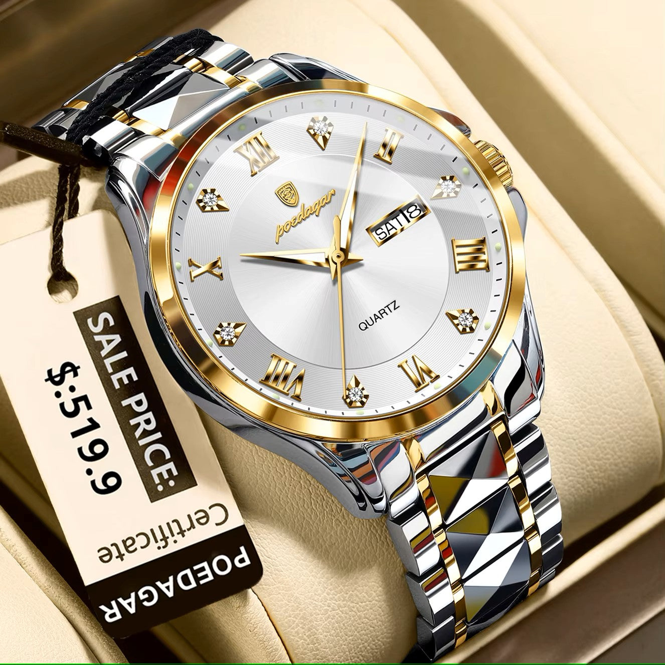 POEDAGAR 883 Stainless Steel Belt Fashion Luminous Quartz Men's Watches- Silver Gold