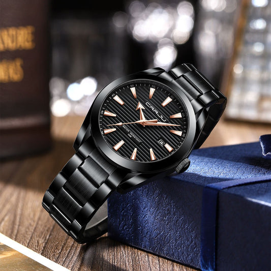 CRRJU 5006 High Quality Classic Quartz Luminous Stainless-Steel Watch for Men- Black