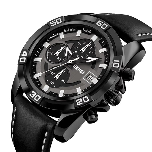 SKMEI 9156 Active Chronograph Leather Quartz Watch for Men- Black