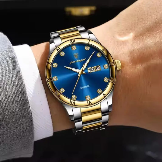 POEDAGAR 878 Luminous Man Wristwatch Top Luxury Date Week Quartz Stainless Steel Men's Watches- Silver Gold & Blue