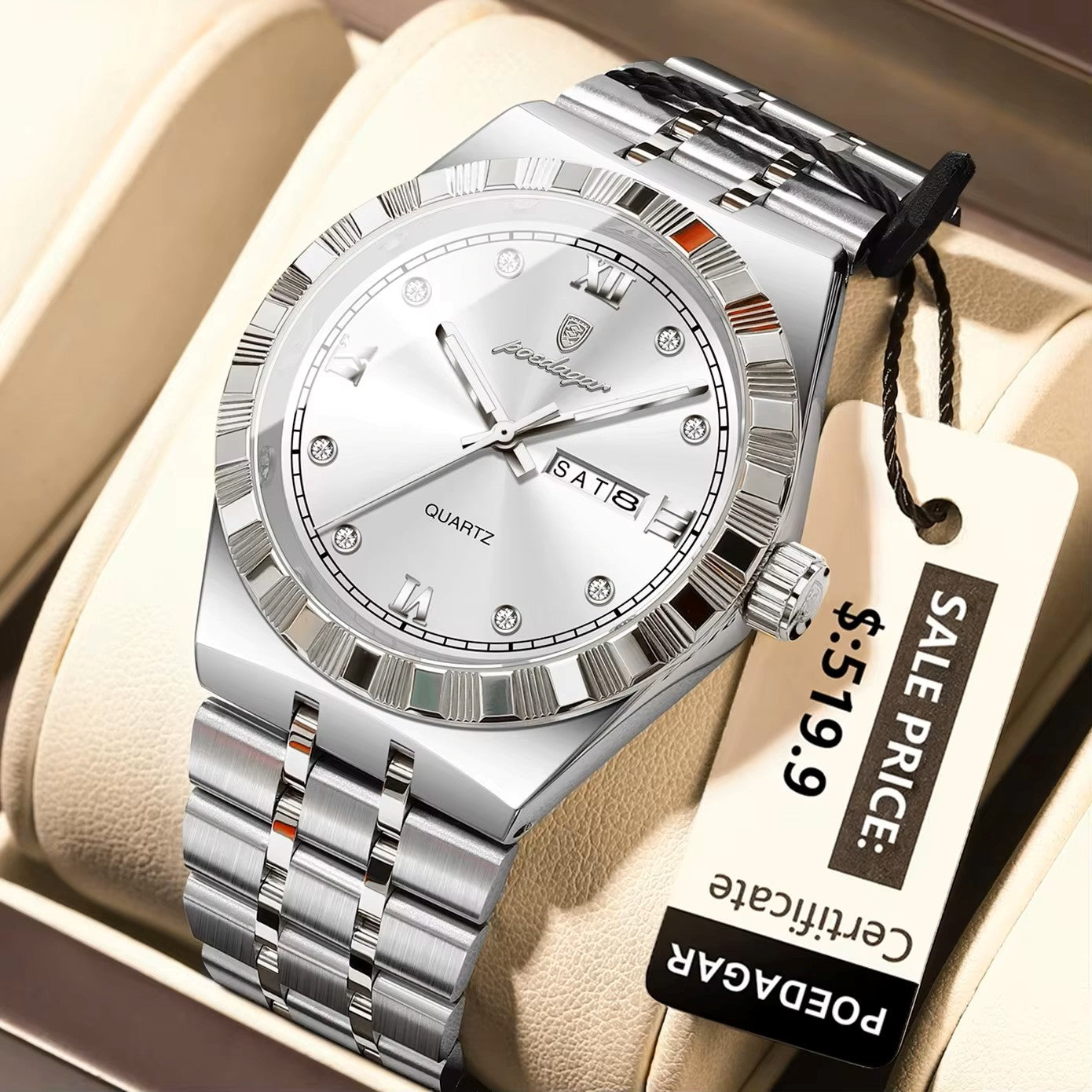 POEDAGAR 872 Luminous Stainless Steel Quartz Day date view Men’s Wristwatch- Silver