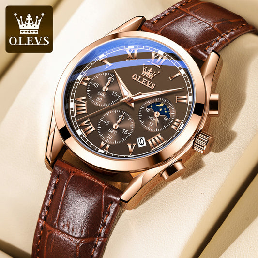 Olevs 2871 Leather Strap Fashion Business Quartz Wristwatch for Men- Brown
