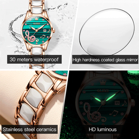 OLEVS 3605 Luxury Ceramic Quartz women wristwatch- Green