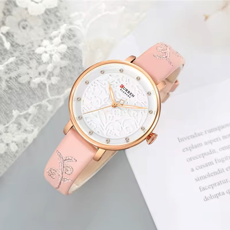 CURREN 9046 Creative Rhinestone Luxury Women Belt Wristwatch- Pink