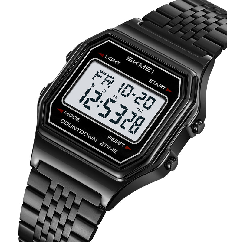 SKMEI 2465 Classic Digital LED Display Multi-Function Retro Unisex Thin Strip Wristwatch- Black (Positive Display)