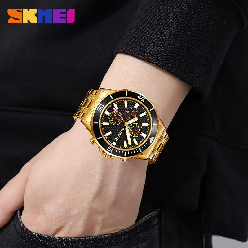 SKMEI 9335 Active Chronograph Quartz Stainless Steel High Quality Luxury Men’s watch- Gold Black