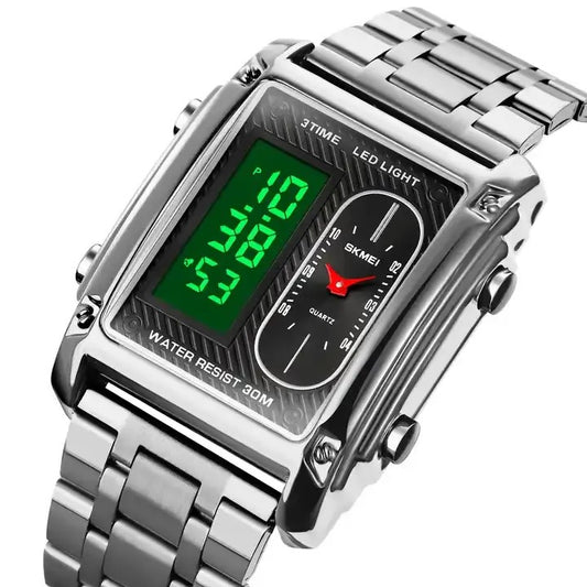 SKMEI 1868 Multiple Time Digital Analog Sport Stainless Steel Men’s Wristwatch- Silver