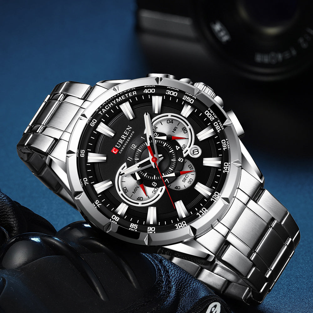 CURREN 8363 Chronograph Watch for Men - Silver & Black